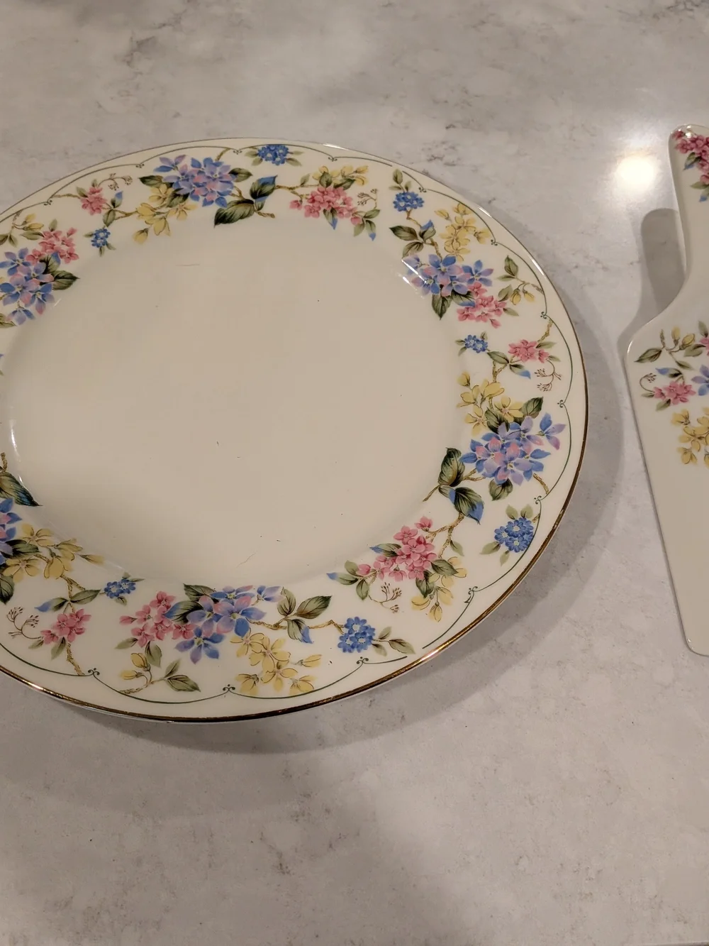 loral Porcelain Cake Plate and Server - White with Pink, Blue & Yellow Flowers